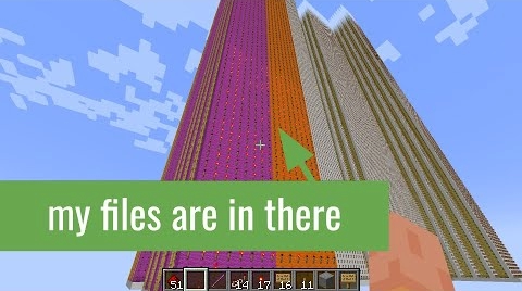 Block Block Device Thumbnail - 'the files are in there' with arrow pointing to a structure in Minecraft