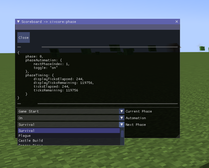 A 'debug window' within Minecraft allowing the user to modify various 'game phase' settings.